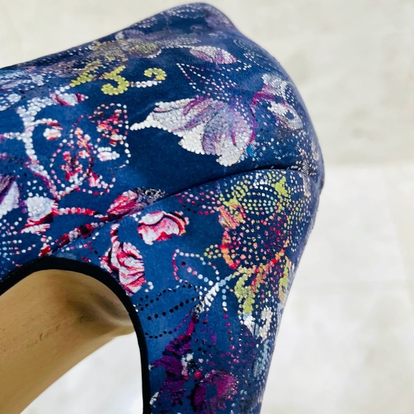 ZAPATO {38} Pumps Floral Fabric Blue Metallic Handmade - Picture 14 of 16